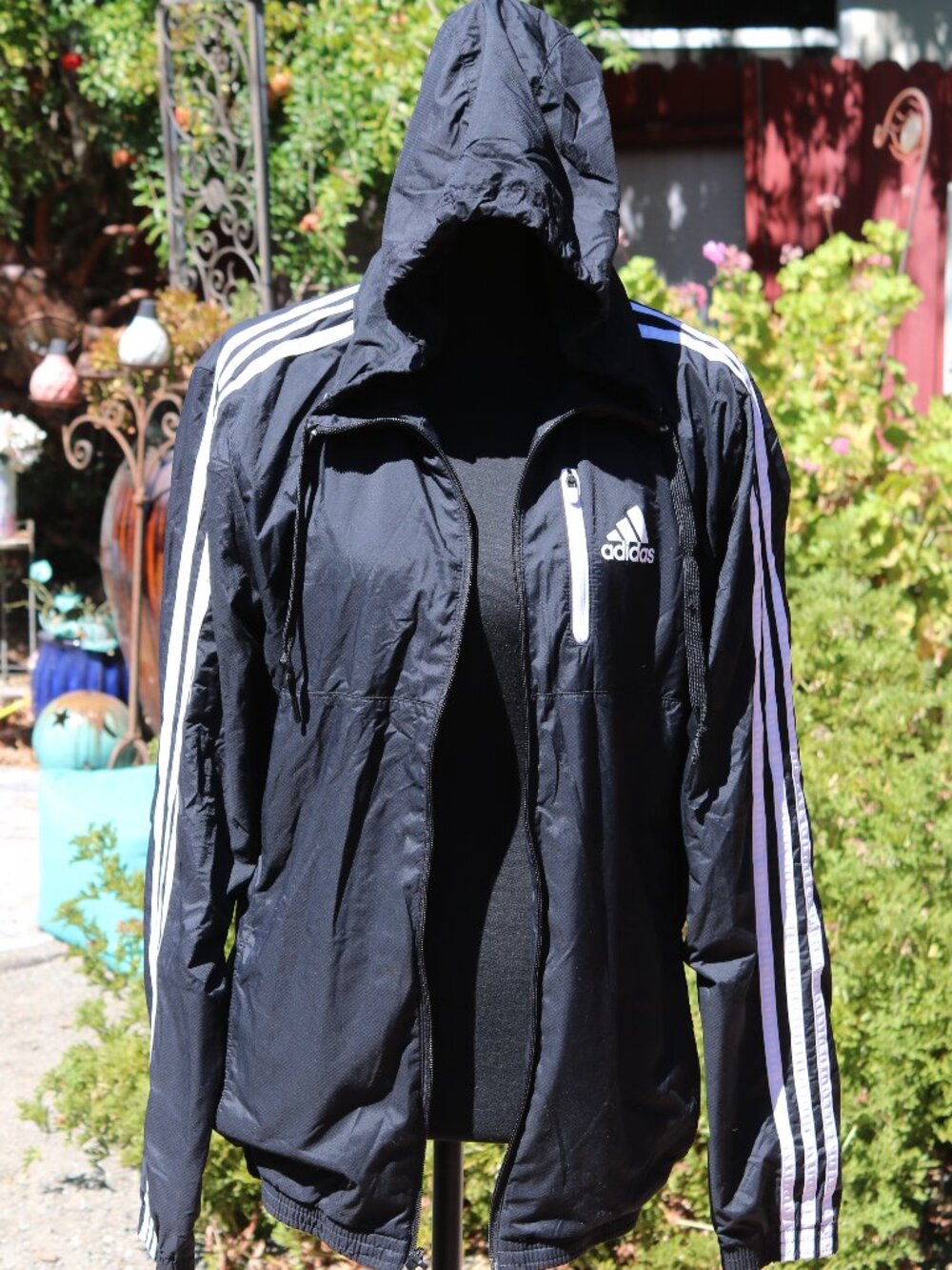 classic black Adidas hooded lightweight windbreaker jacket